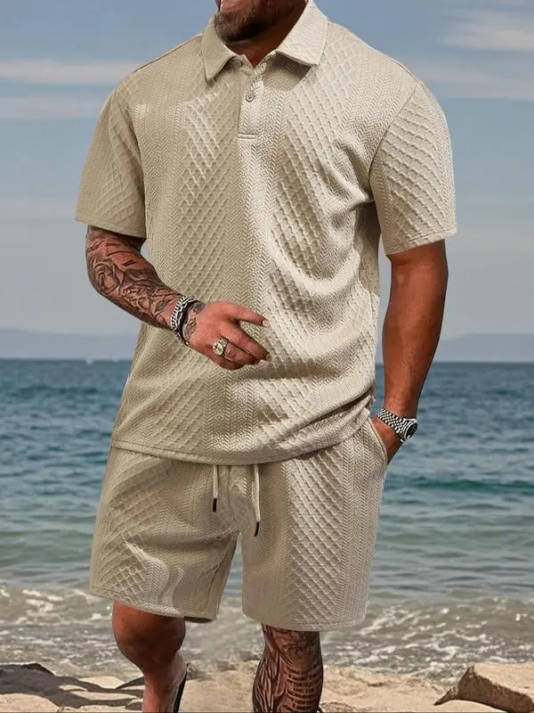 🔥 8-Set Men's Textured Polo & Shorts Sets – Casual Summer Two-Piece Outfits