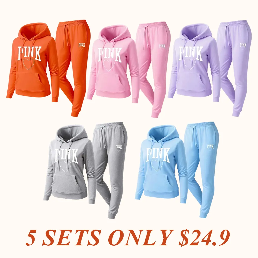 Women's Pink Heart Print Hair And Sunglasses Hoodie And Drawstring Track Pants Set