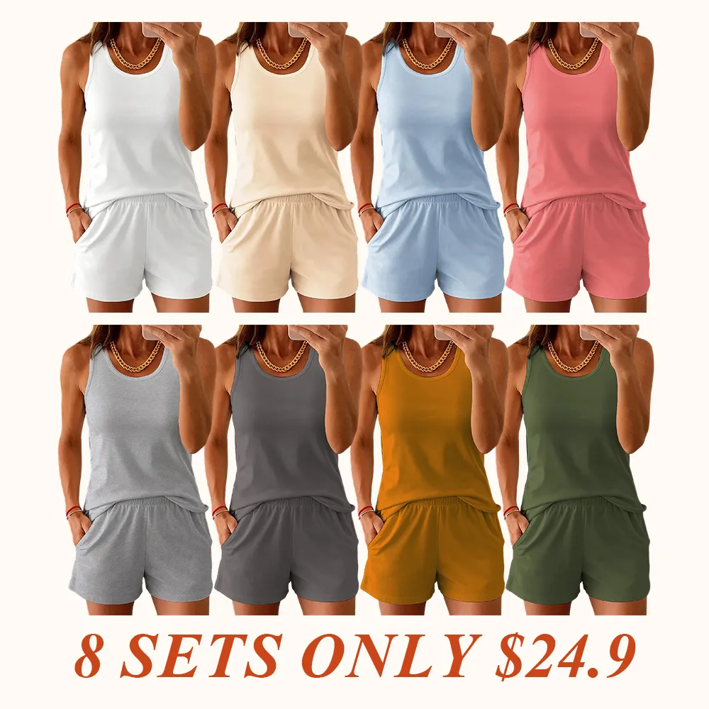 Women's Solid Color Tank Top & Shorts Two-piece Set, Casual Sleeveless Top & Shorts for Beach Vacation