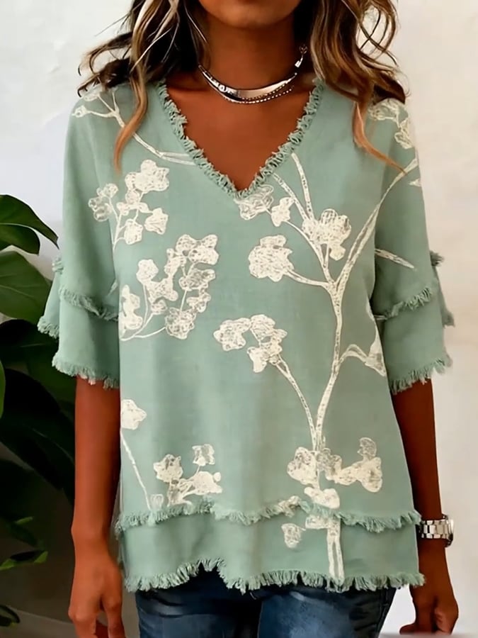 🔥Free Shipping Over $69🔥Women'S Casual Frayed-Edge Spliced ​​Printed Top