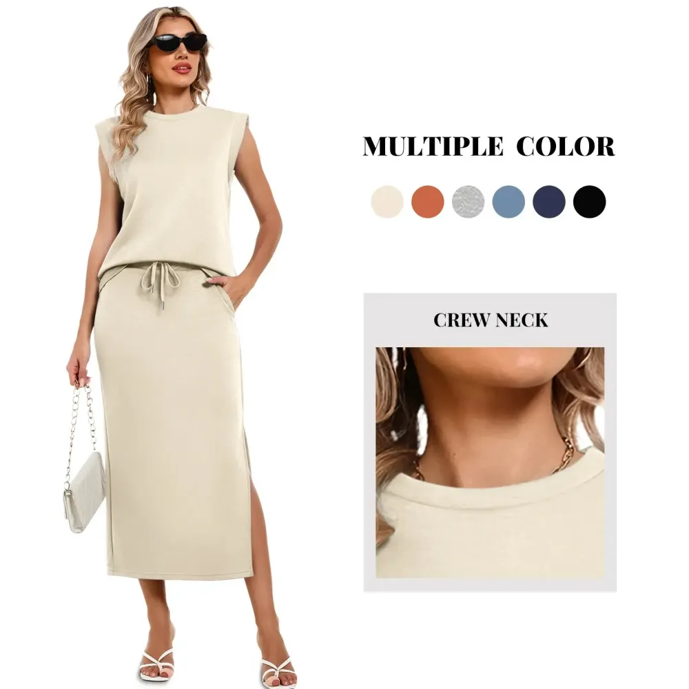 Women's Two Piece Sets Summer Outfits Cap Sleeve Top Drawstring Midi Skirts