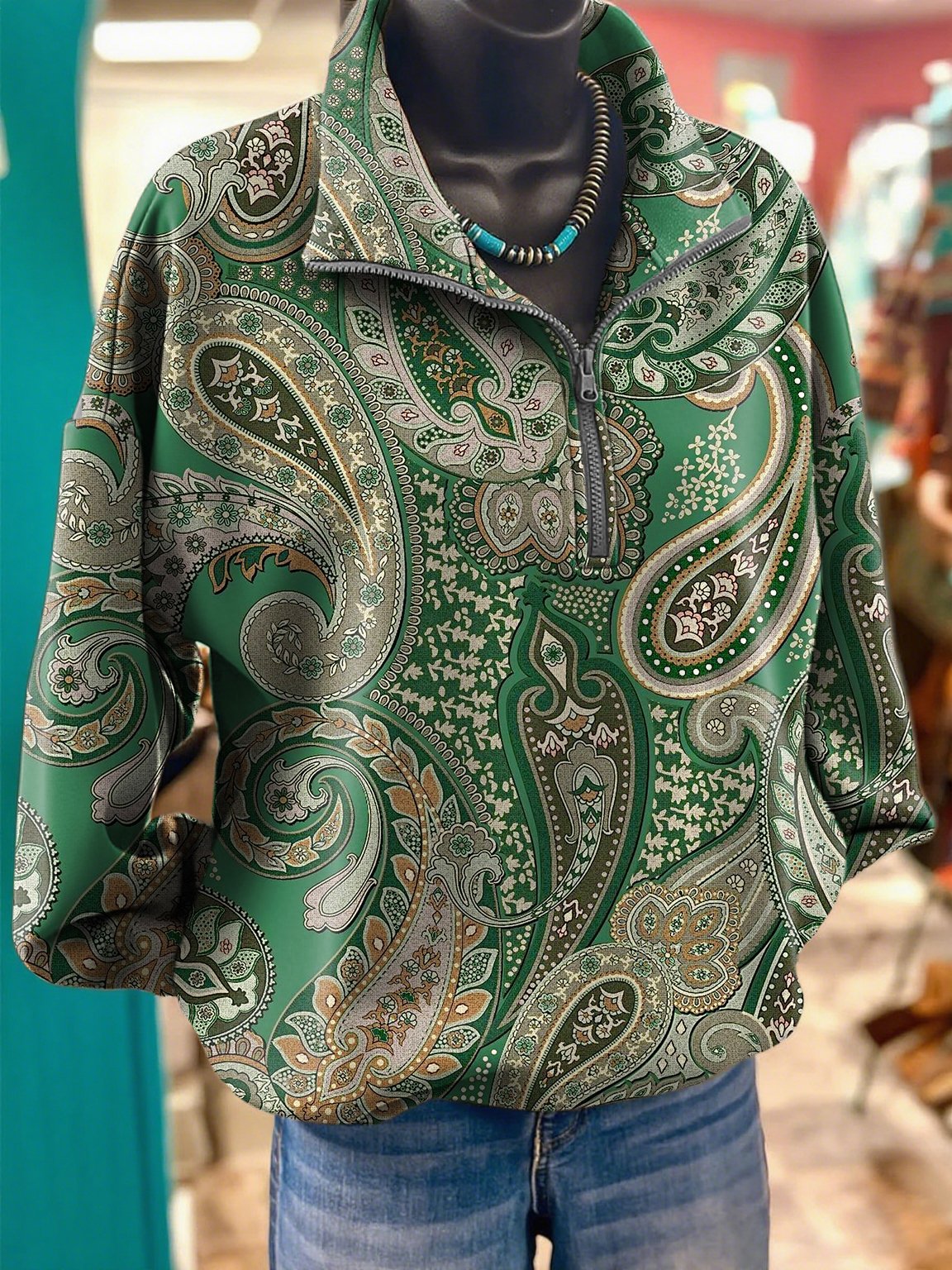 Women's lapel retro casual western print sweatshirt