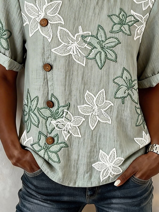 Women's Casual Round Neck Printed Cotton Linen Top- Fast Shipping