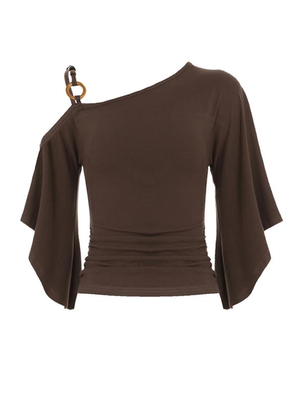 Women’s Retro Asymmetrical Beaded Shoulder Top – Slim Fit Flounce Sleeve Blouse