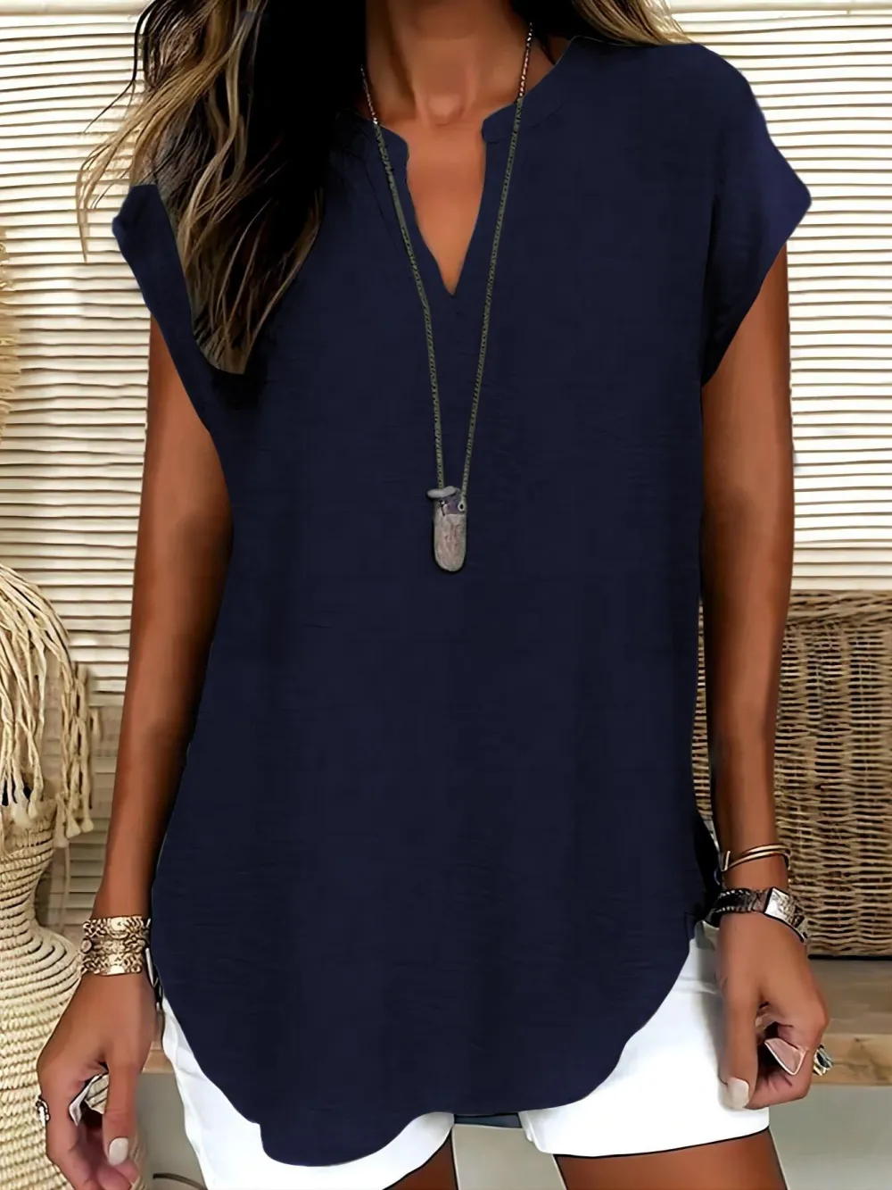 Women's Plain Notched Neck Blouse, Casual Elegant Basic Top for Summer