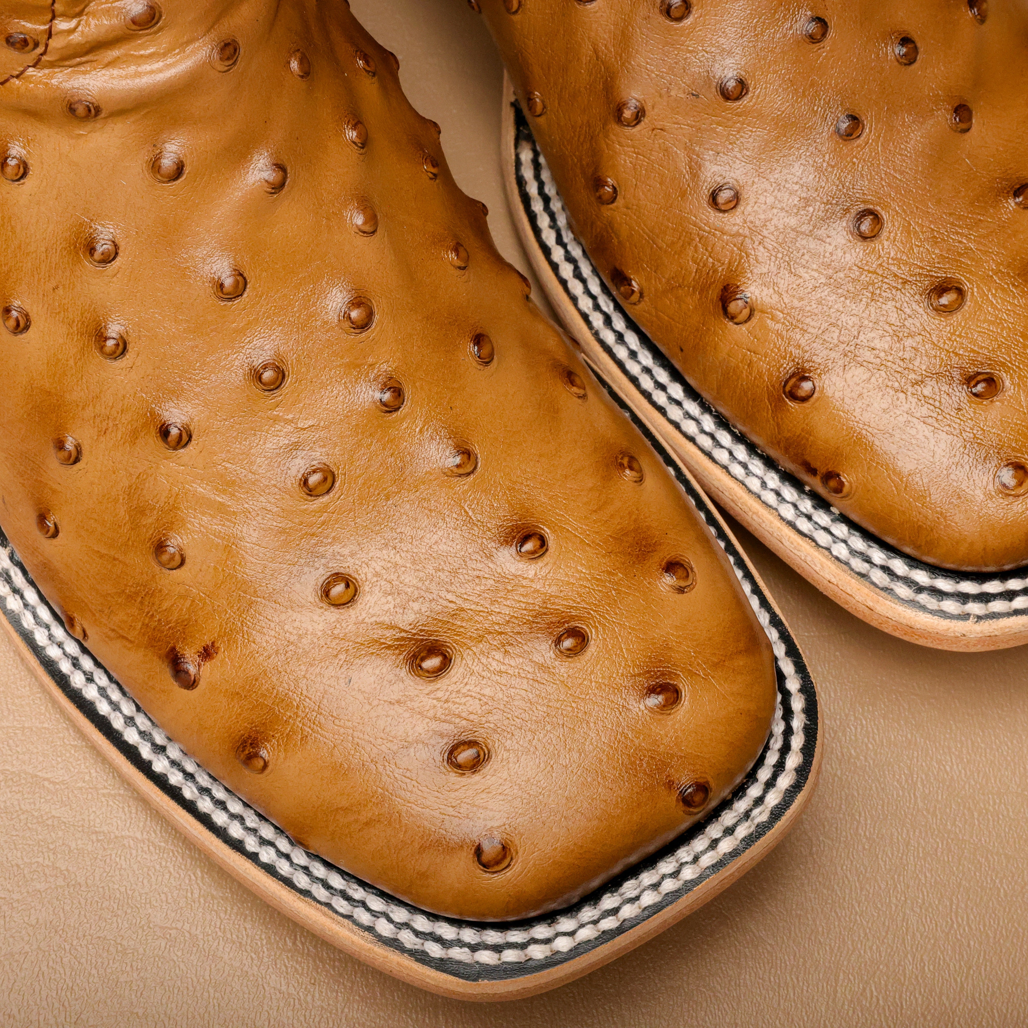 Honey Ostrich Leather Boots - Square Toe