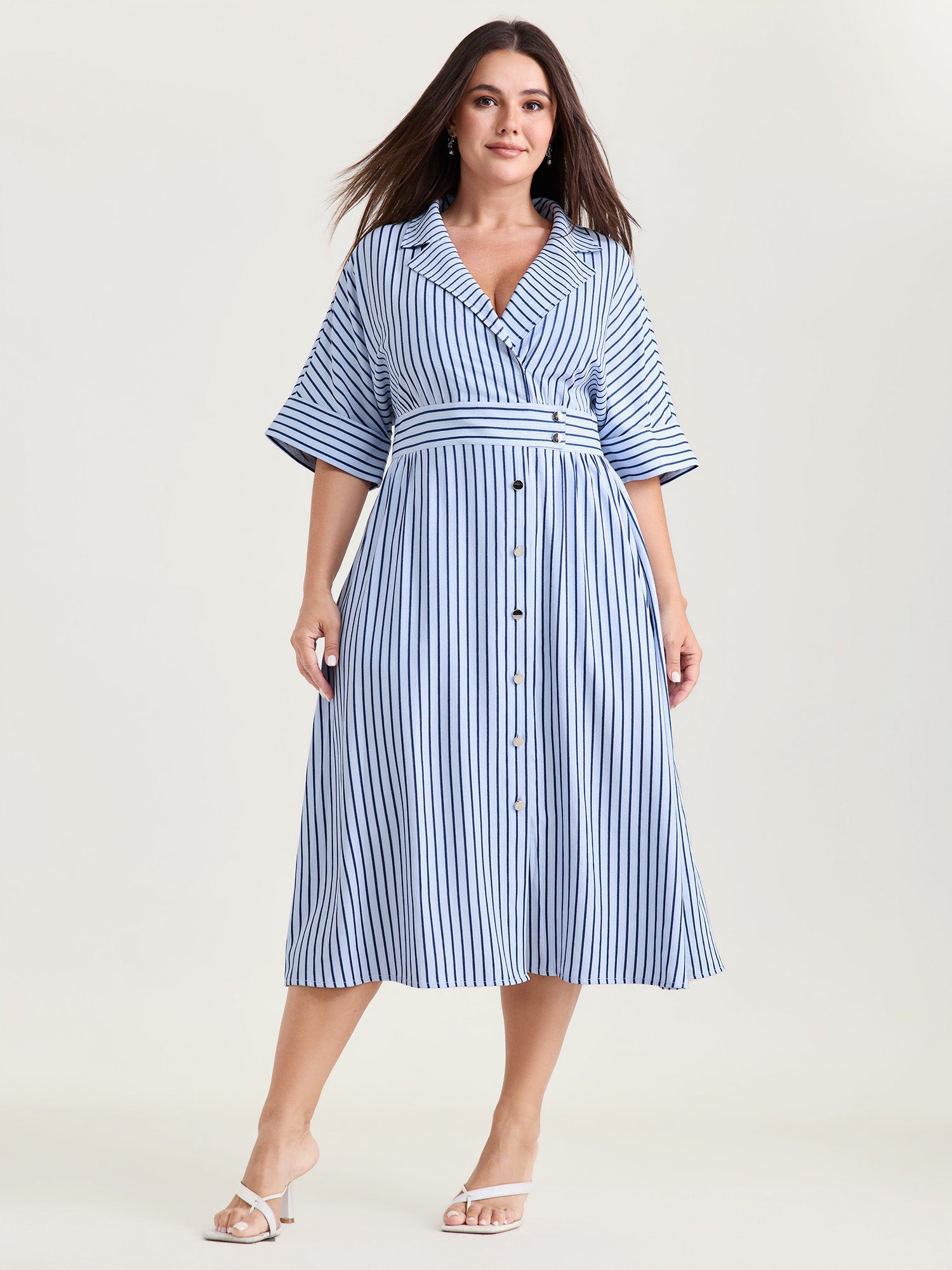 Striped Notched Lapel Collar Midi Dress