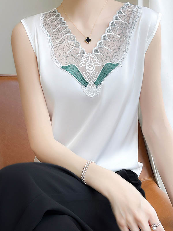Embroidered Mesh Split-Joint Loose Sleeveless V-Neck Vest Top