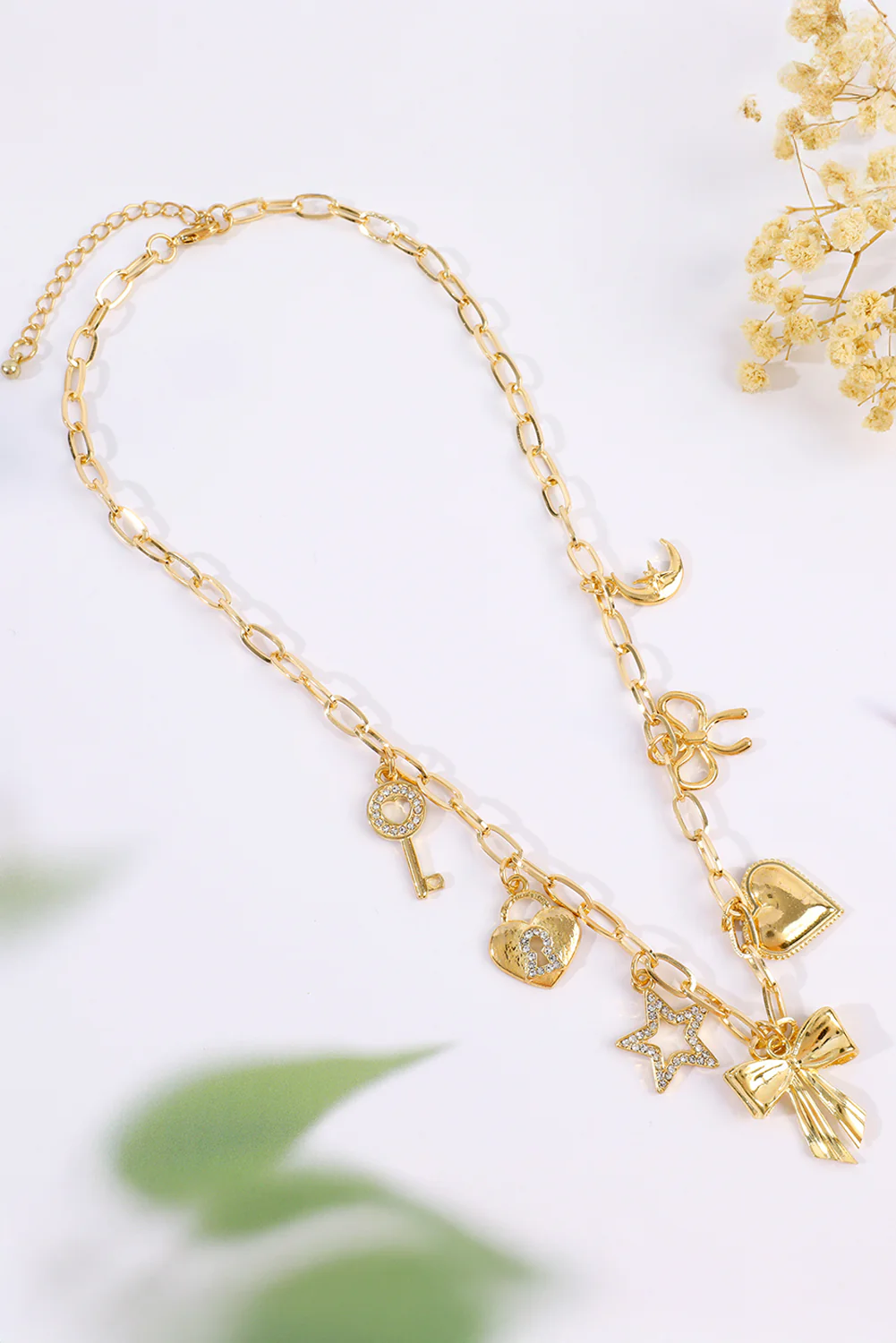 Gold Bow Heart Star Key Charm Alloy Adjustable Chain Necklace