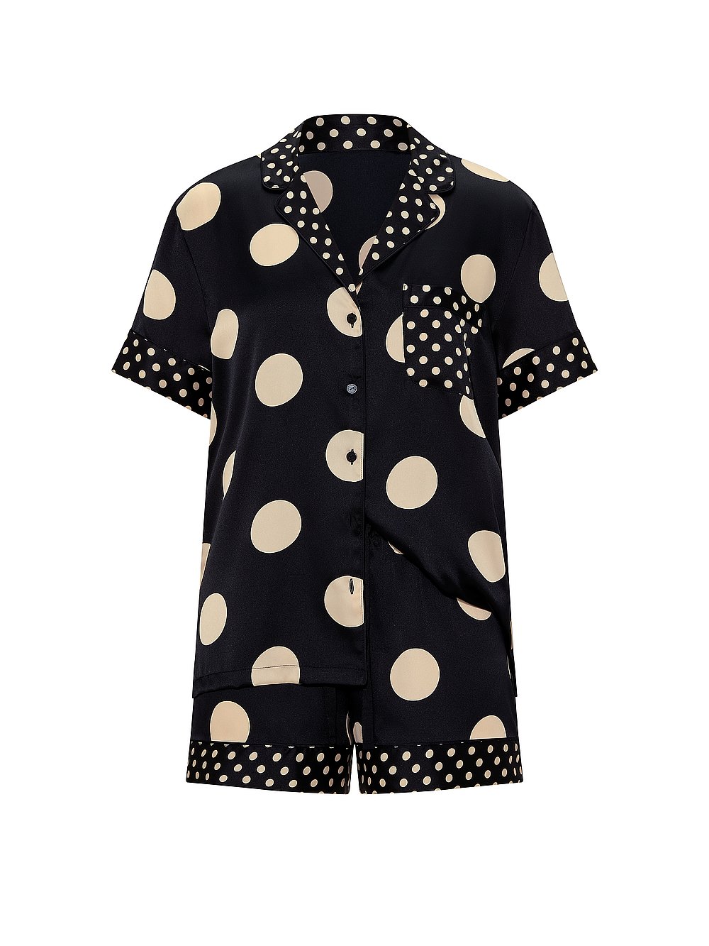 Signature Satin Short Pajama Set Black/Tan Dots