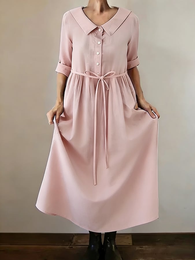 Women's Retro Solid Color Design Lace-Up Pocket Casual Dress- Fast Shipping