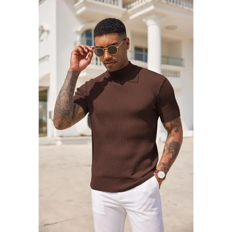 Men's Mock Turtleneck Sweater Short Sleeve Casual Basic Tops Ribbed Knit Pullover Solid Tee(100%Polyester)