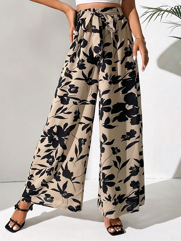 Elasticity Flower Print Tied Waist High Waisted Loose Trousers Pants