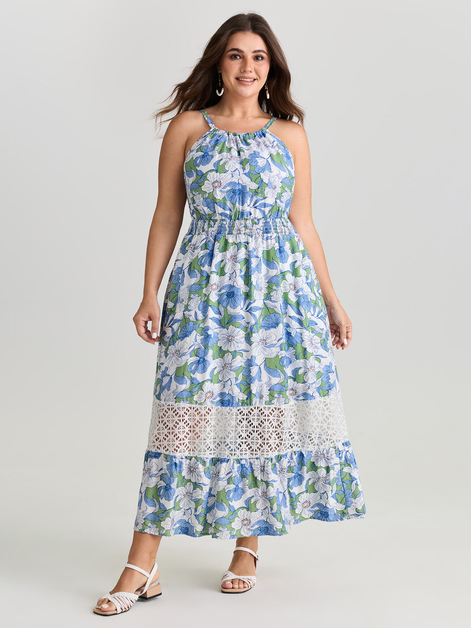 Large Floral Print Lace Trim Midi Dress