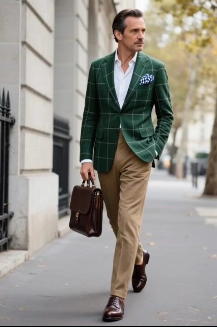 Men's Green Plaid Single-Breasted Blazer
