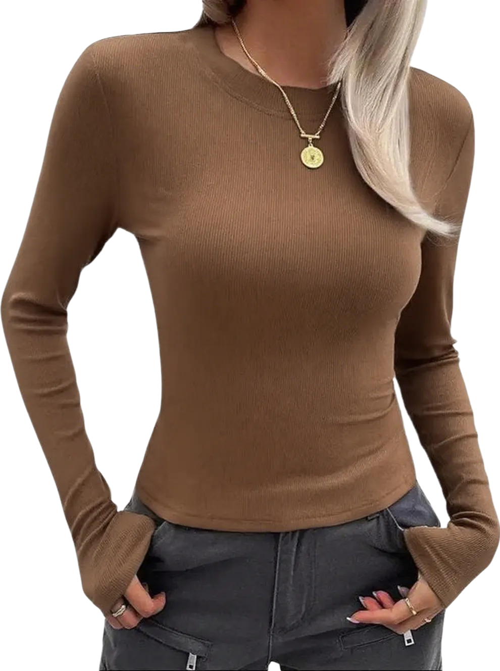 Women Long Sleeve Stretch Slim Round Neck Ribbed Basic Top