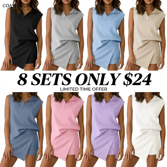 Womens 2 Piece Skirt Sets Summer Sleeveless Half Zip Sweatshirt Athletic Skorts Tennis Outfits