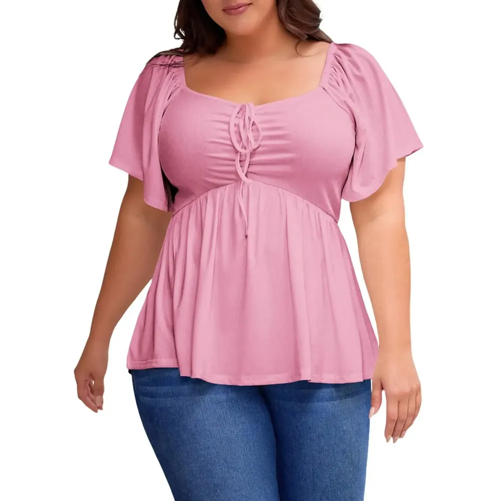 Women Plus Size Sweetheart Neck Short Sleeve Shirred Peplum Blouse Tops Shirts