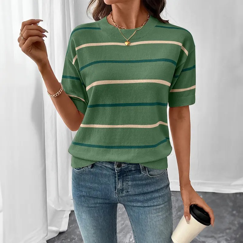 2026 Spring/Summer Women's Short Sleeve Striped Sweatshirt - Soft Breathable Fabric Crew Neck Pullover Top for Daily Wear