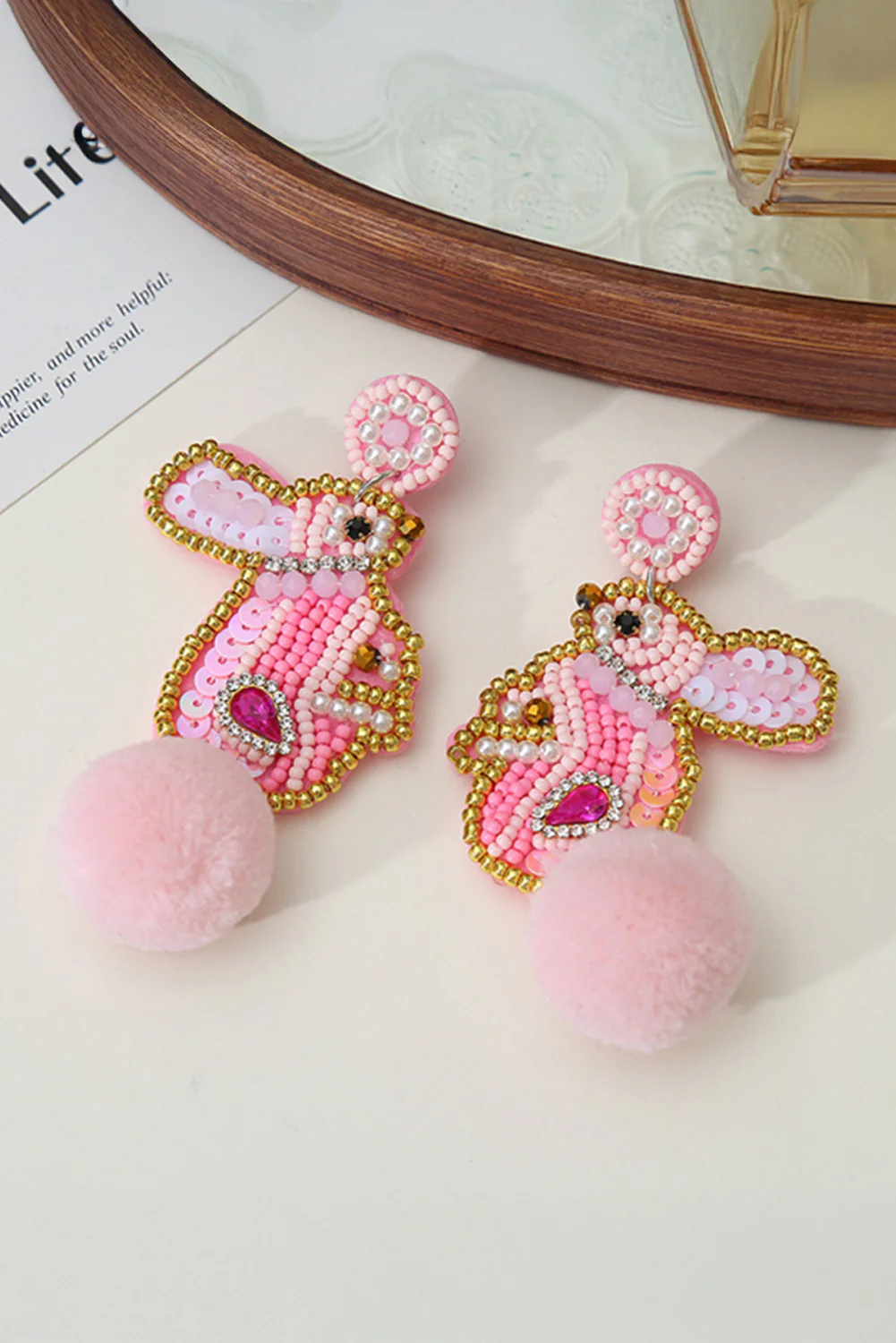 Pink Beaded Easter Bunny Fluff Stud Dangle Earrings