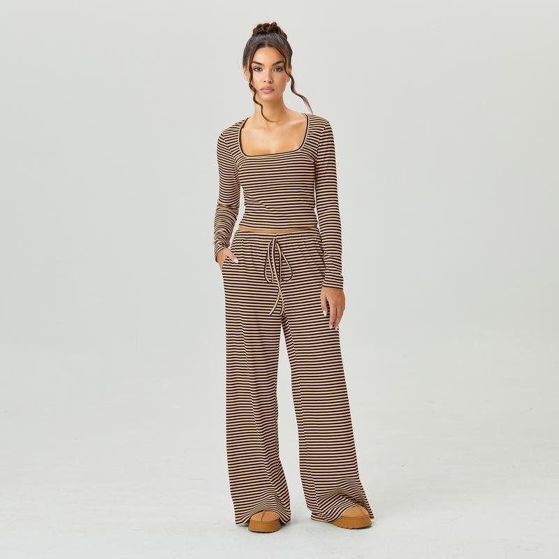 Women's Slouchy Square Neck Stripe Long Sleeve Crop Top & Low-Rise Wide Leg Trousers Co-ord, Minimalist Two Piece Outfits, Cozy Womenswear