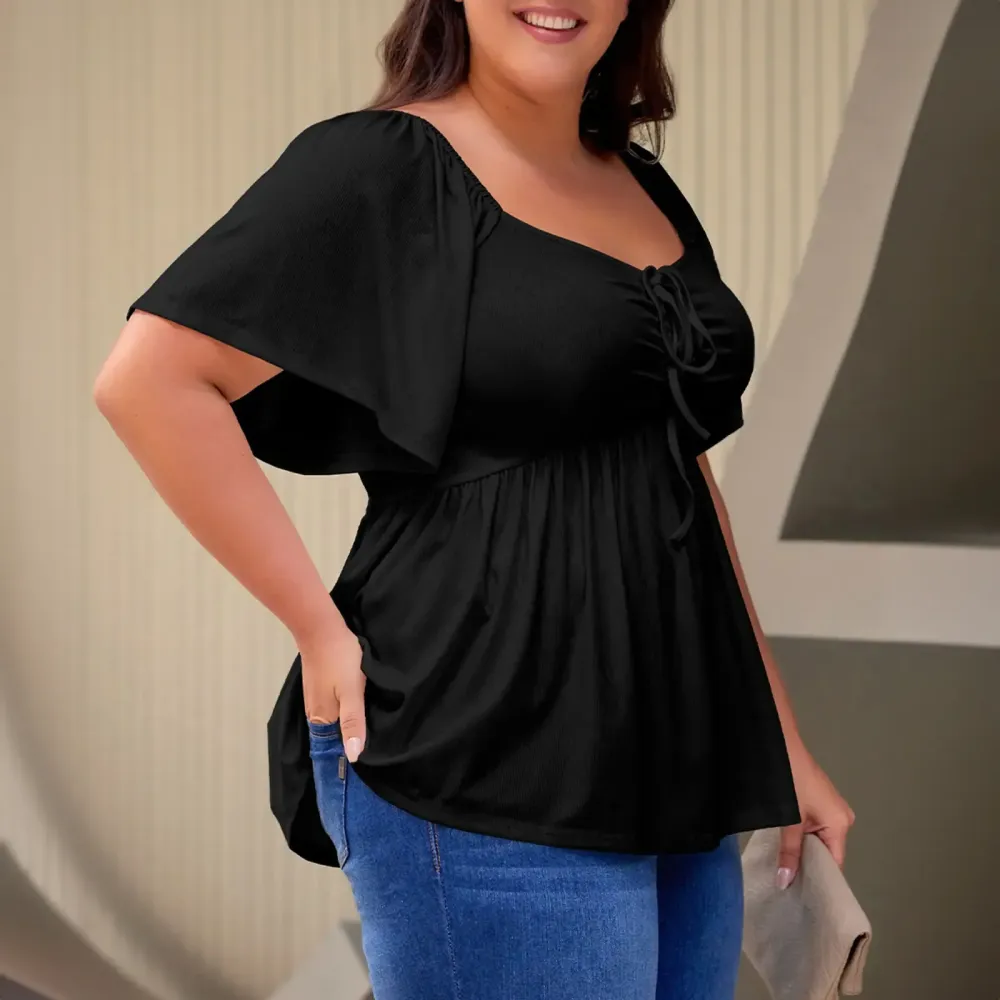 Women Plus Size Sweetheart Neck Short Sleeve Shirred Peplum Blouse Tops Shirts