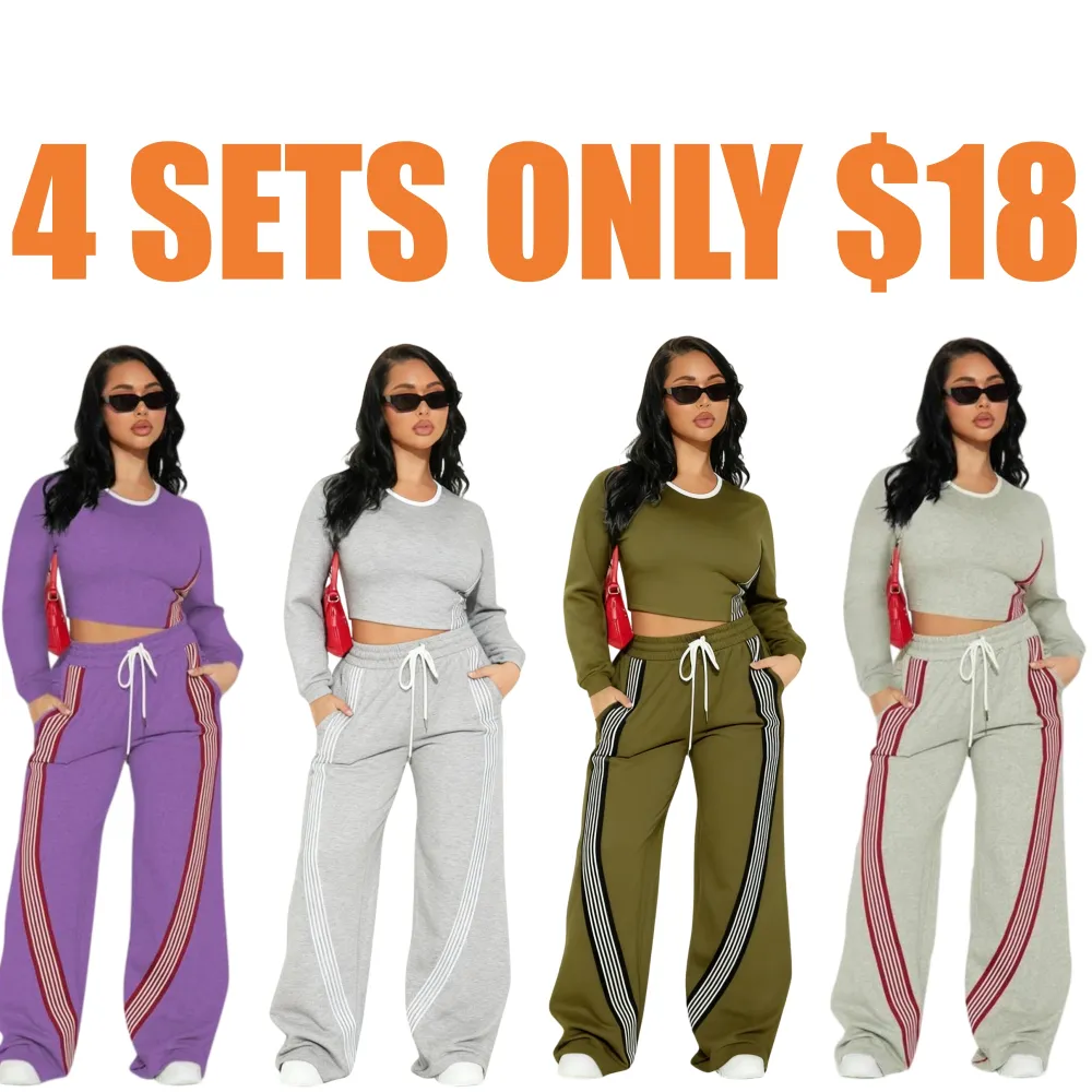 Women Casual Long Sleeve Top and Side Stripe Sports Pants Set