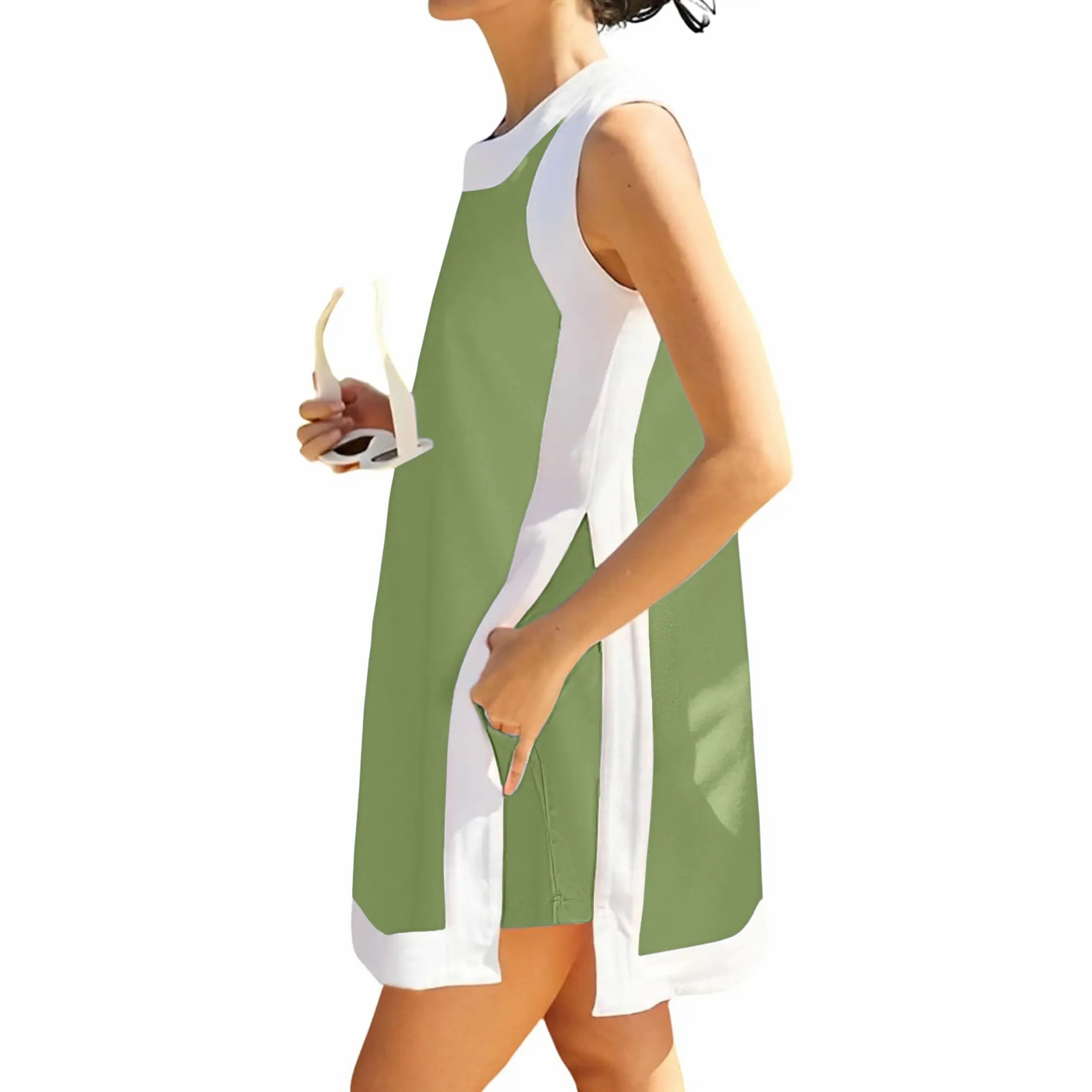 Women's Color Block 2-Piece Set – Crewneck Sleeveless Top & Matching Shorts with Pockets