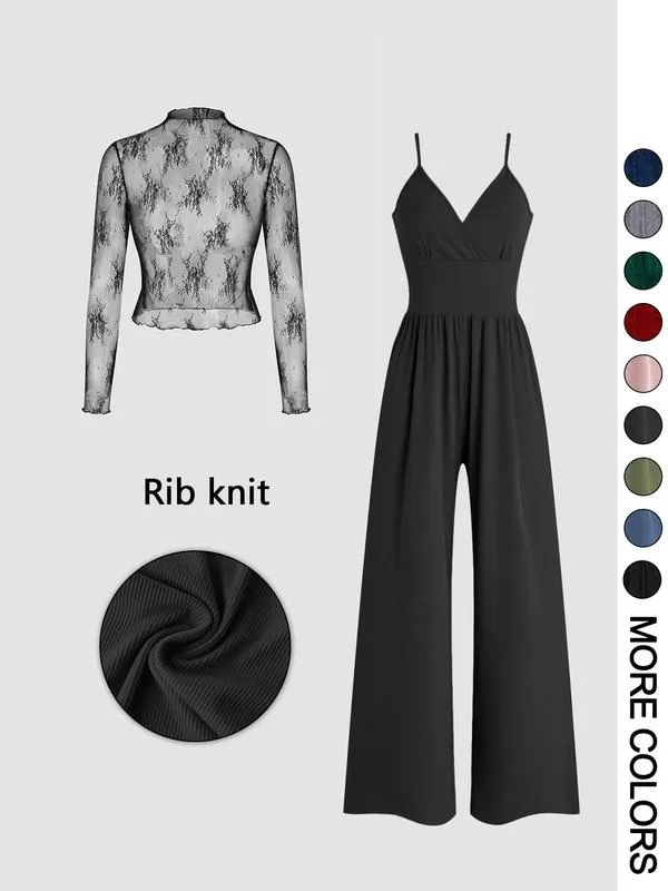 Women's Solid Color Lace Tee & Pocket Jumpsuit Two-piece Set