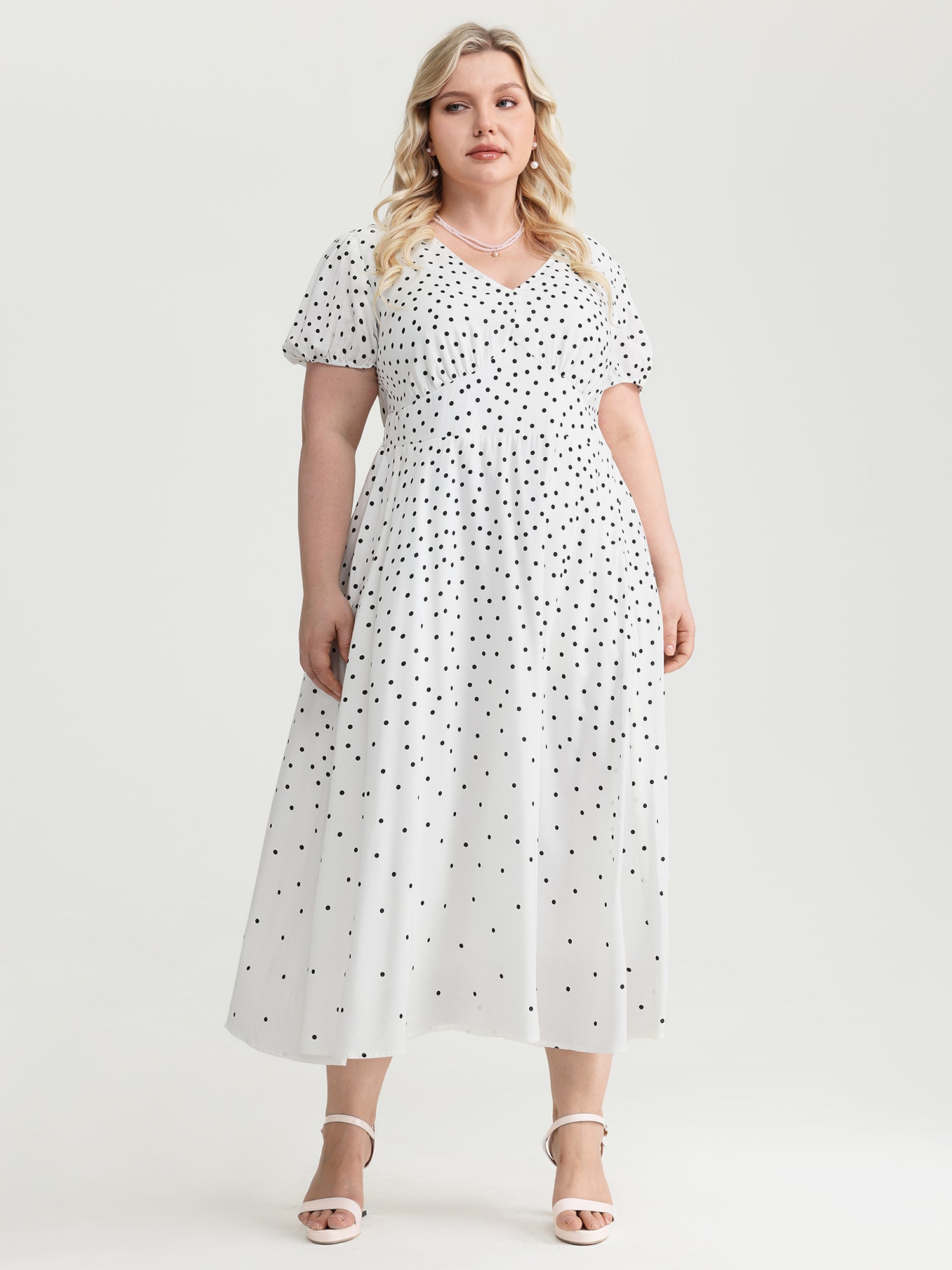 Polka Dot Charm Cinched-Waist Shirred Midi Dress