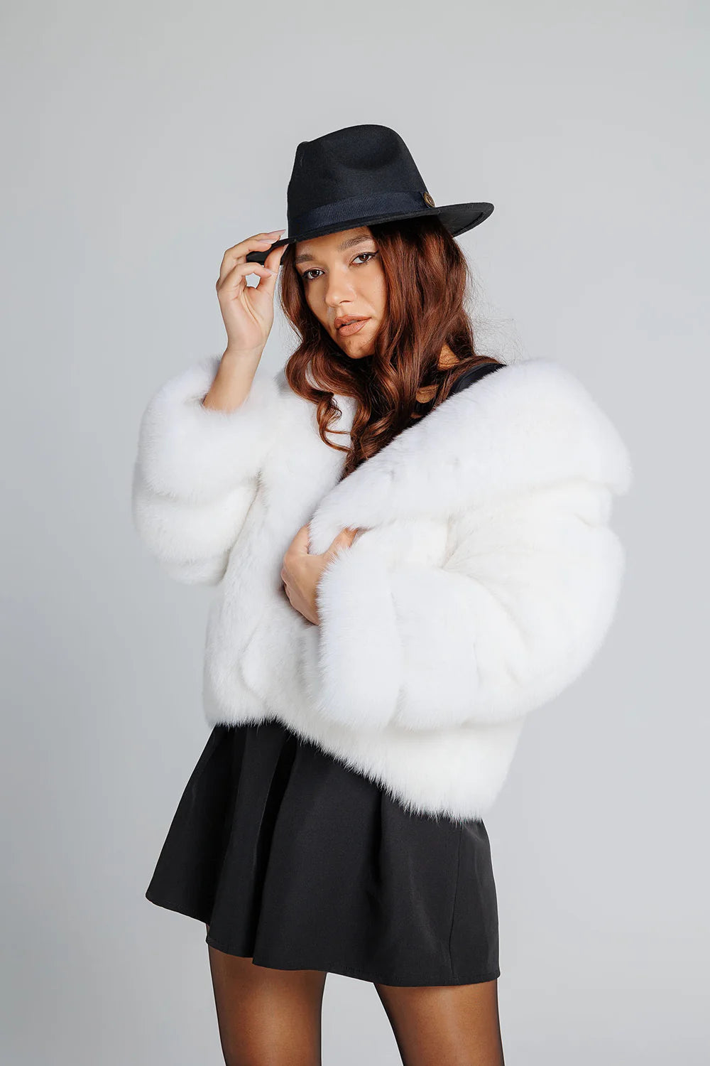 Haină din Blană Naturală de Vulpe, cu Guler Rever, Femei, Pure White 346