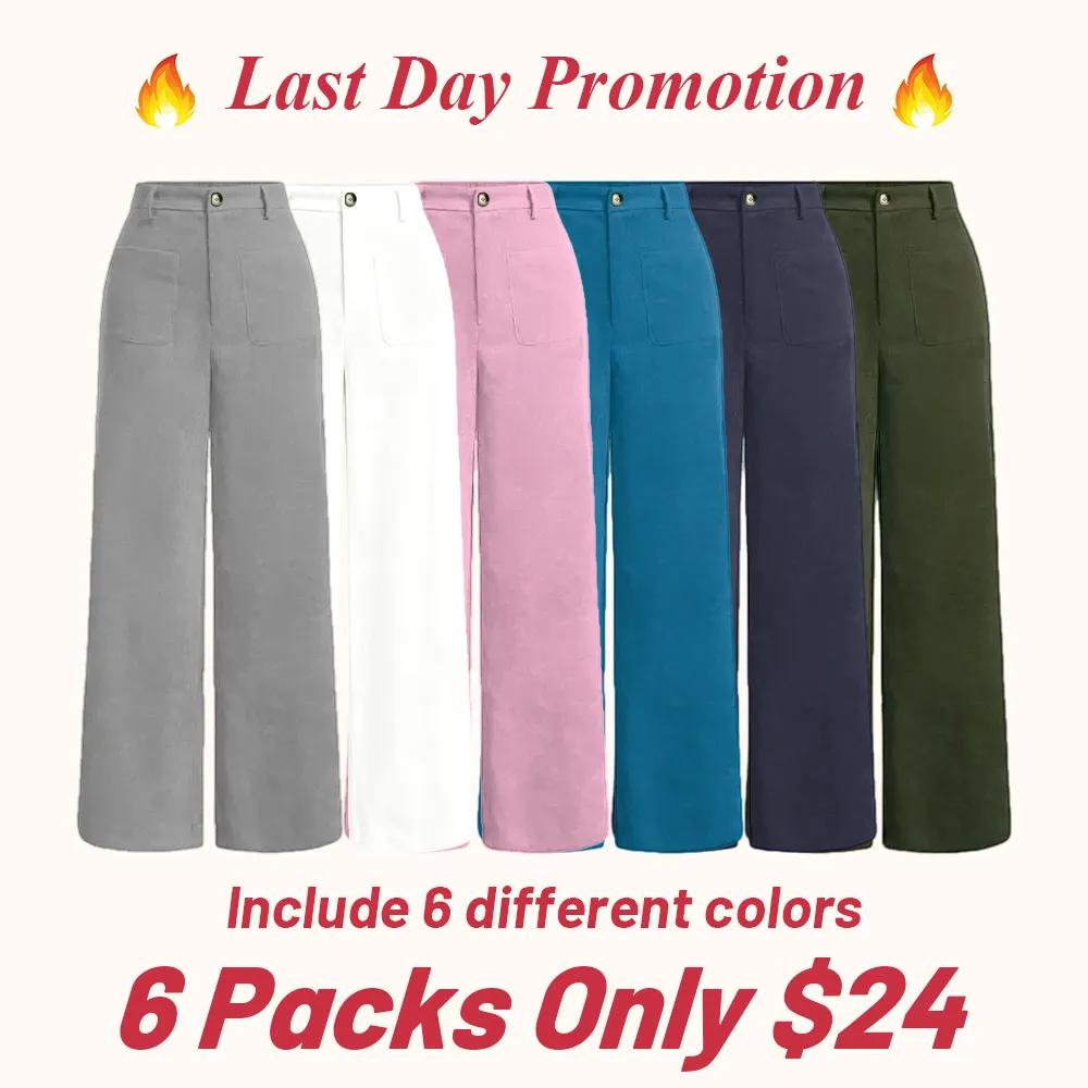 Women's solid color wide-leg pants with pockets and buttons