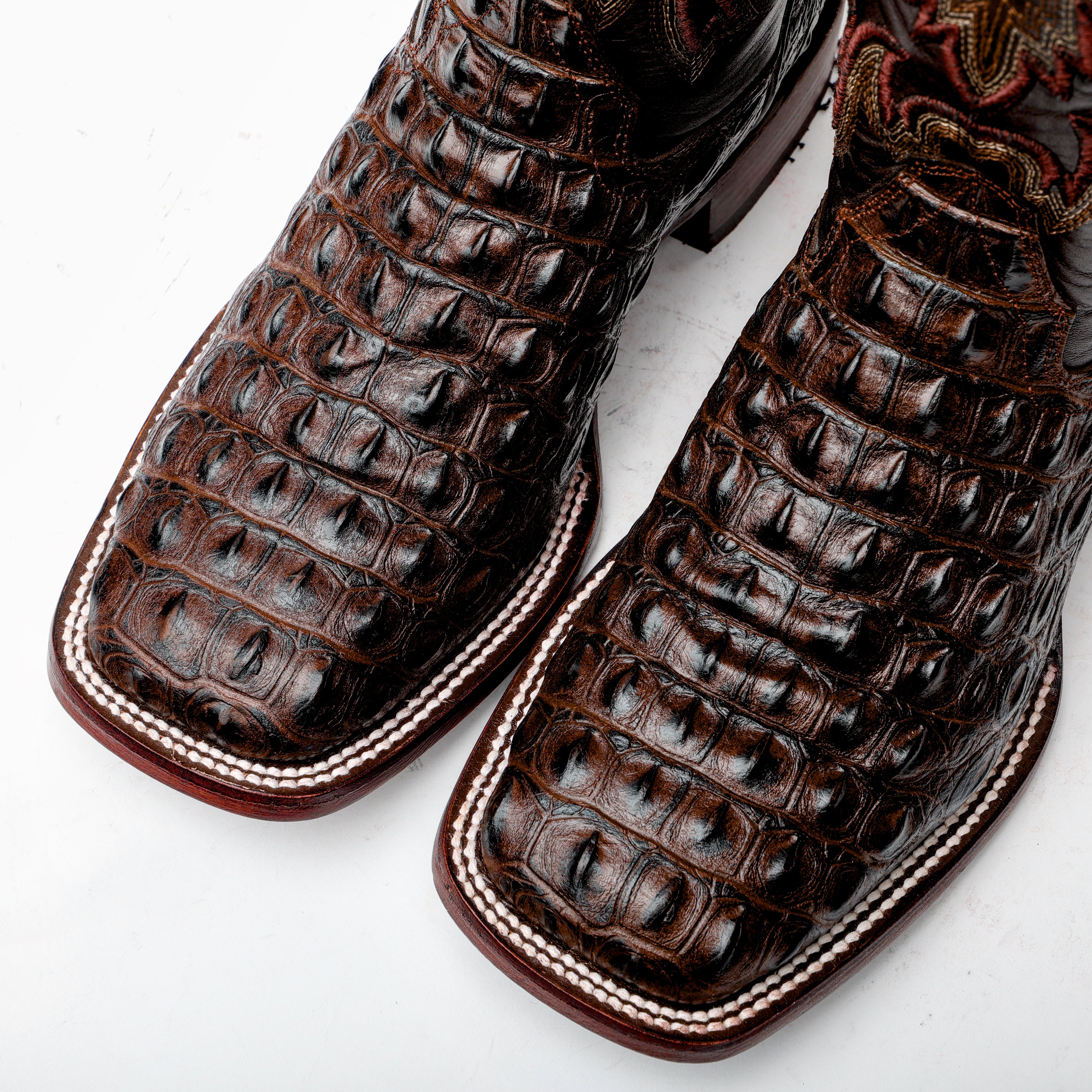 Brown Caiman Hornback Leather Boots - Square Toe