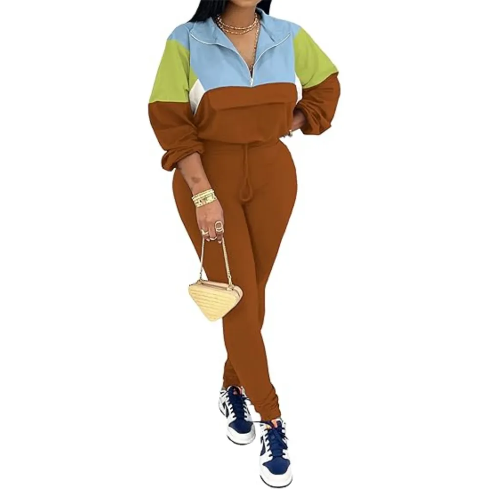 Women's Colorblock 2-Piece Knit Zip Jacket Elastic Waist Tracksuit