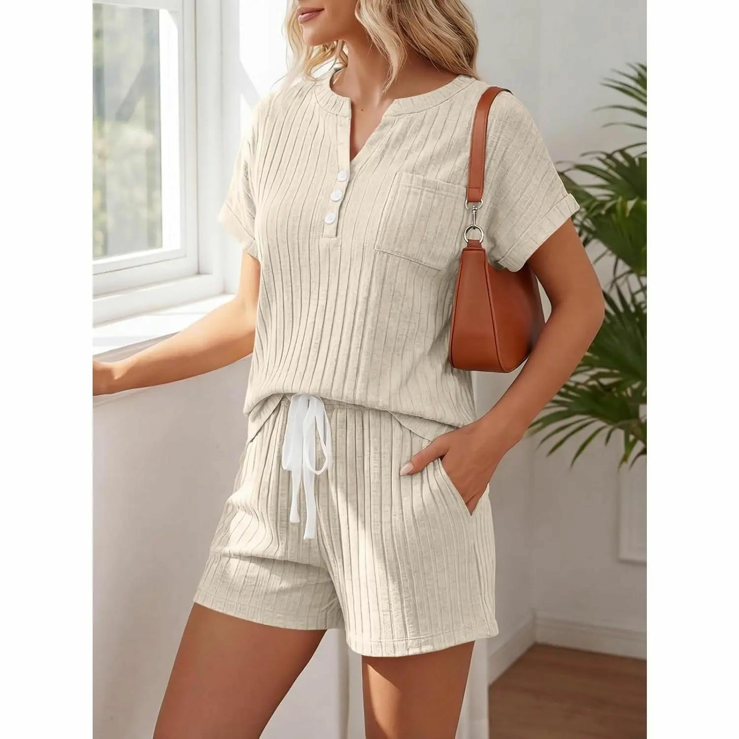 2 Piece Short Sets for Women Summer 2026 Lounge Short Sleeve Henley Outfits Sweatsuit with Pocket