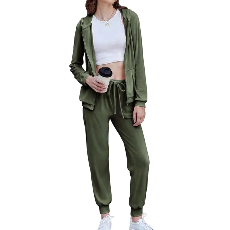 Women's Casual Velour Tracksuit Set Full Zipper Hoodie
