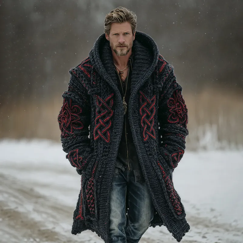 Men's Viking Style Celtic Knot Pocket Midi Cardigan Sweater