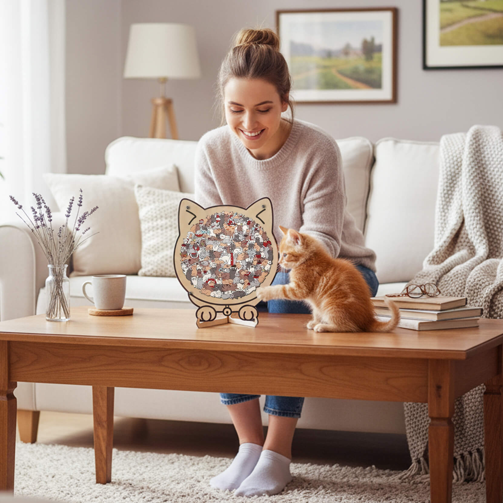 Morandi-Colored Cute Cat Shaped Wooden Jigsaw Puzzle