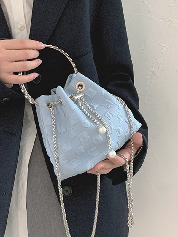 Urban Solid Color Checkered Chain Bucket Messenger Bags