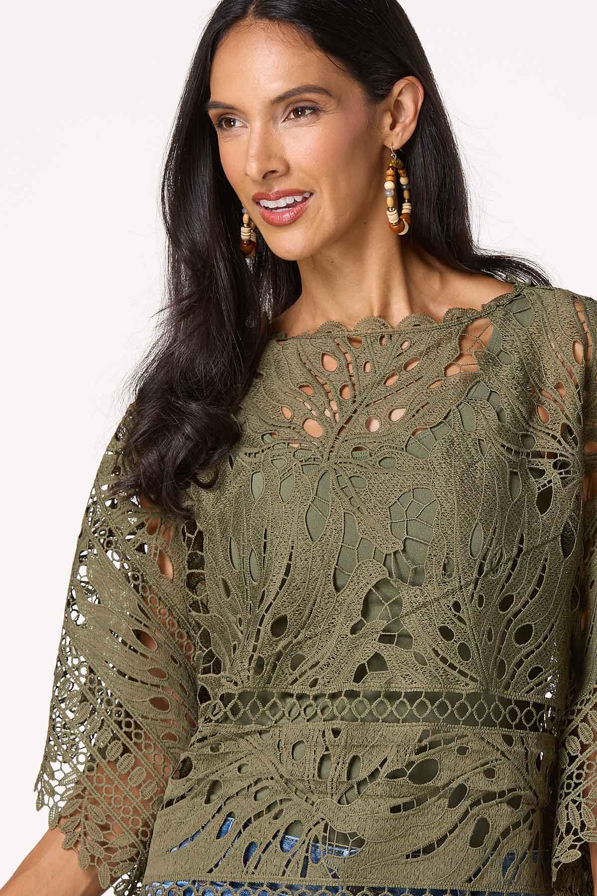 Green Leaf Crochet Popover Top
