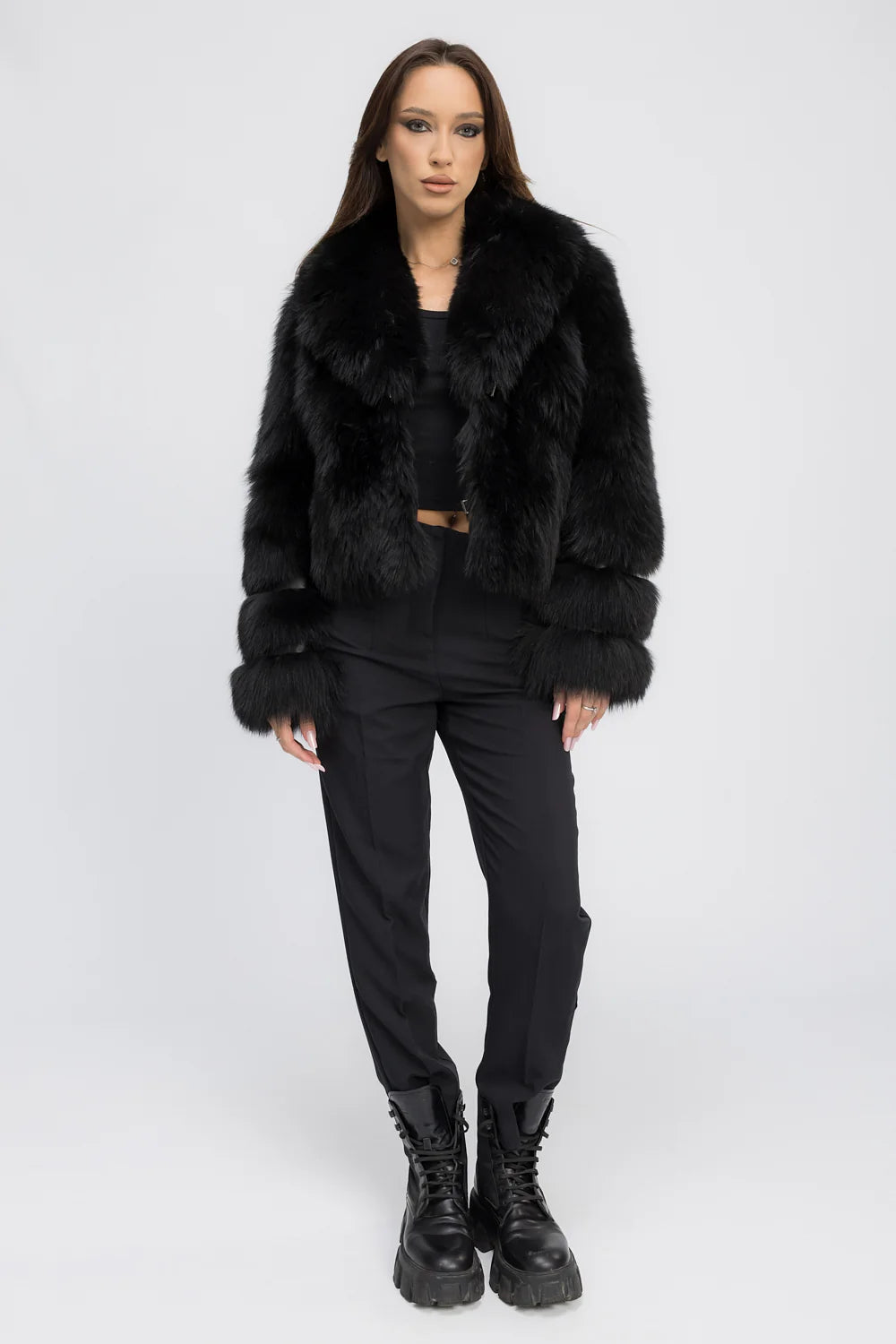 Haină din Blană Naturală de Vulpe Polară, cu Guler Rever, Femei, Diamond Black 470