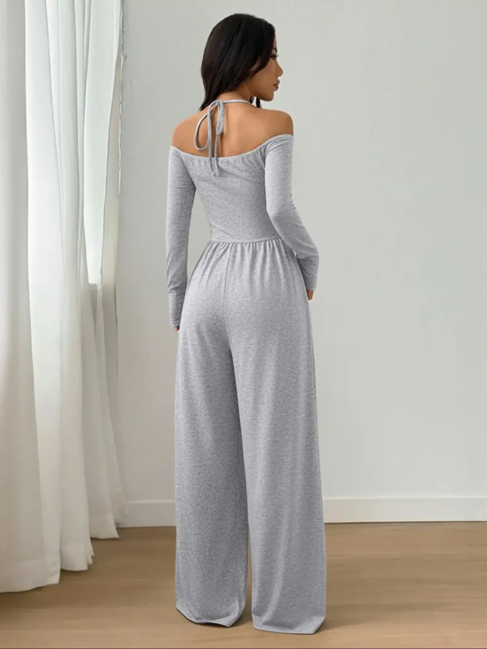 Women's Casual Solid Color Ruched Wide Leg Jumpsuit with Halter-Neck, Stylish and Comfortable Jumpsuit for Daily Wear