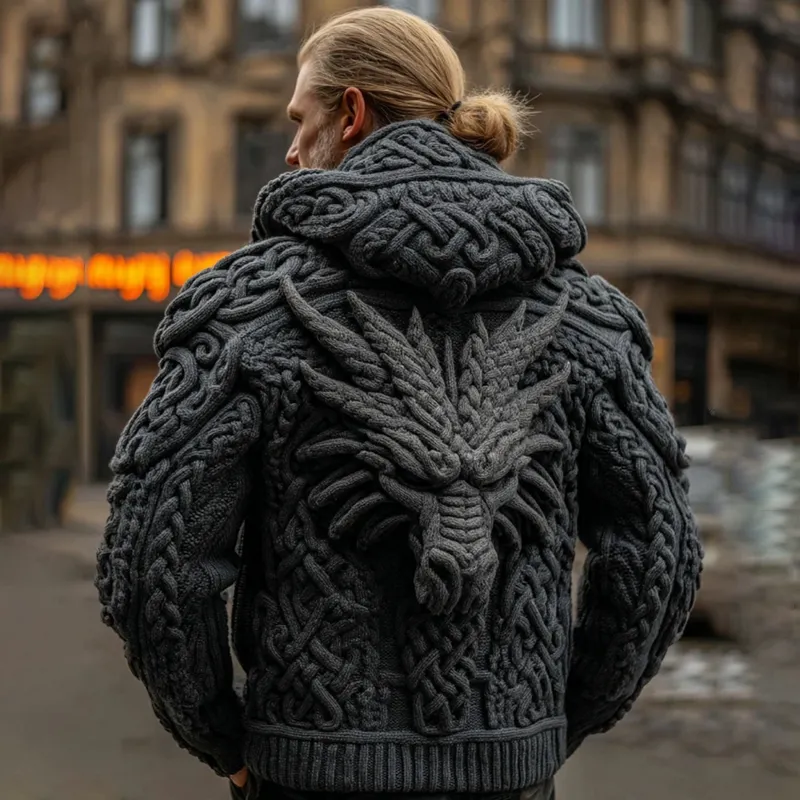 Men's Viking Celtic Dragon Jacquard Cozy Casual Hooded Sweater