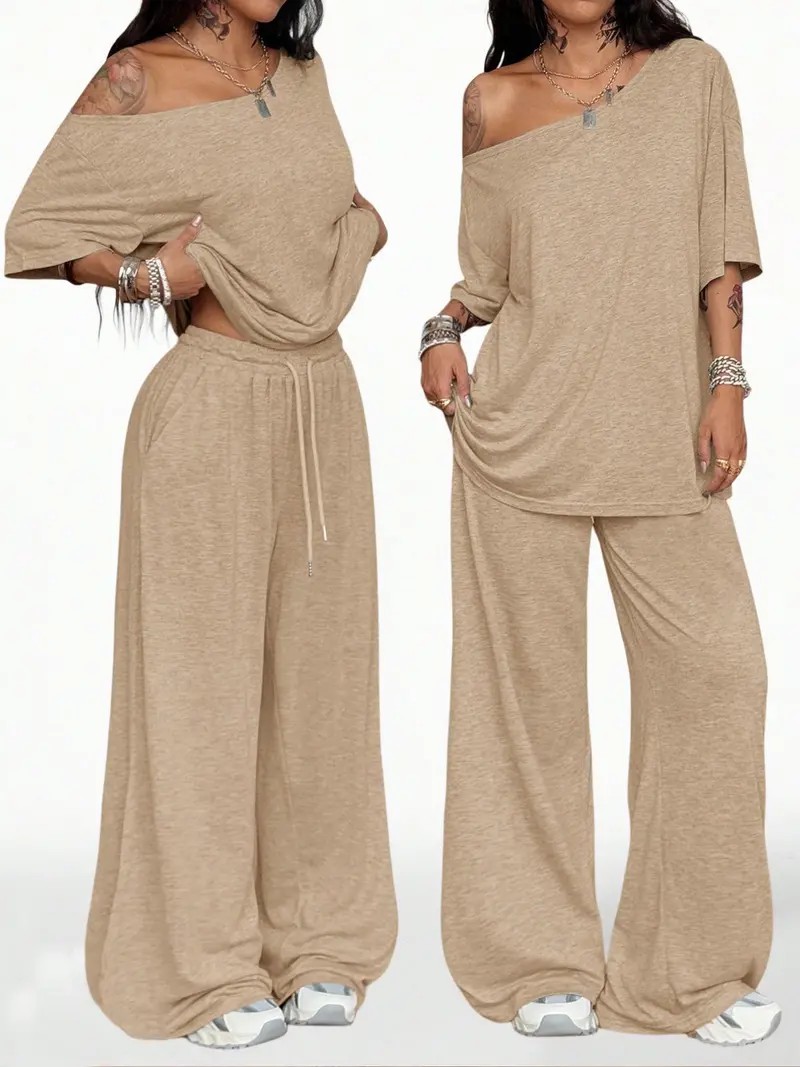Women's Casual Solid Color Two-Piece Set – Slant Neck Wide Leg Pant Suit