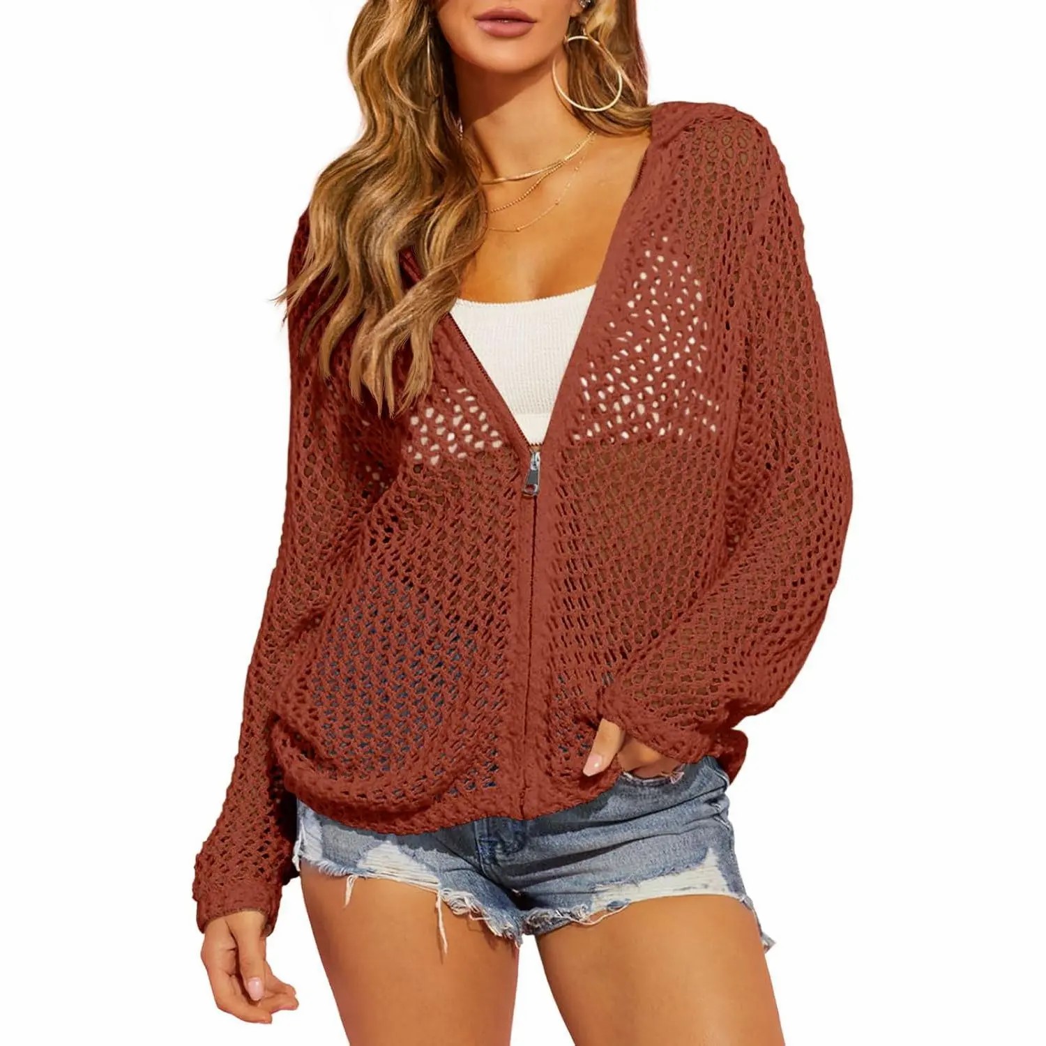 Women's Crochet Lightweight Cardigan – Zip Up Hooded Mesh Beach Cover Up