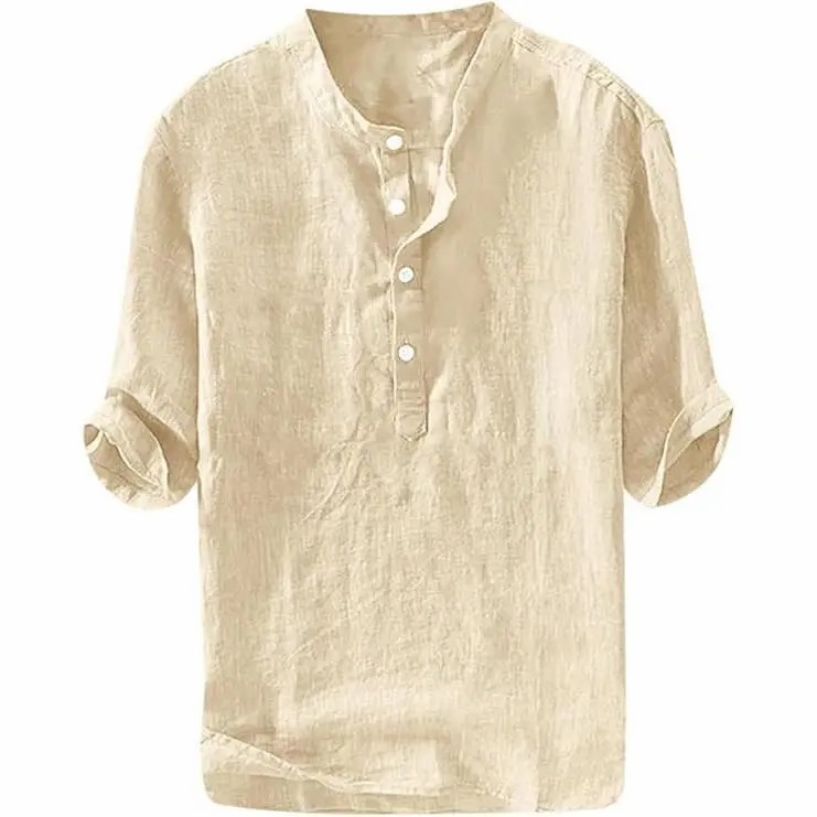 Mens Linen Shirts Casual Cotton 3/4 Sleeve Regular-Fit Henley T-Shirt Summer Lightweight Beach Yoga Tops