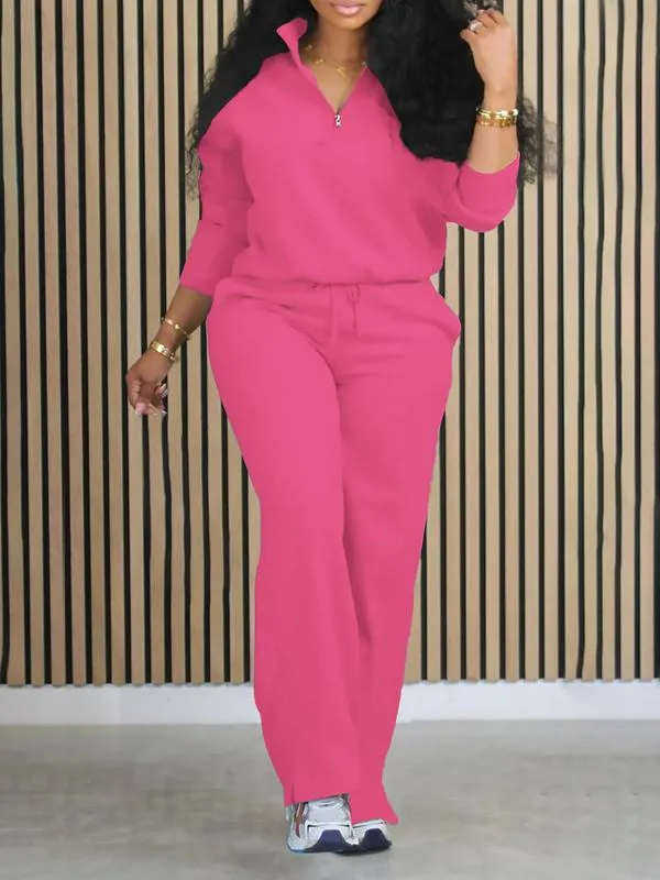 Women's Solid Half Placket Split Hem Pants Set