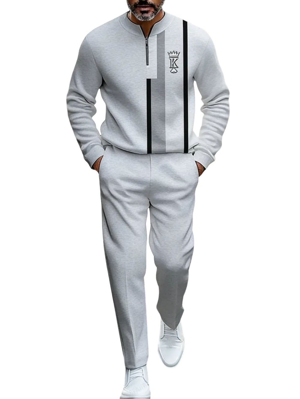 Men's Fashion New Retro Beige & Brown Block Semi-Cardigan Set