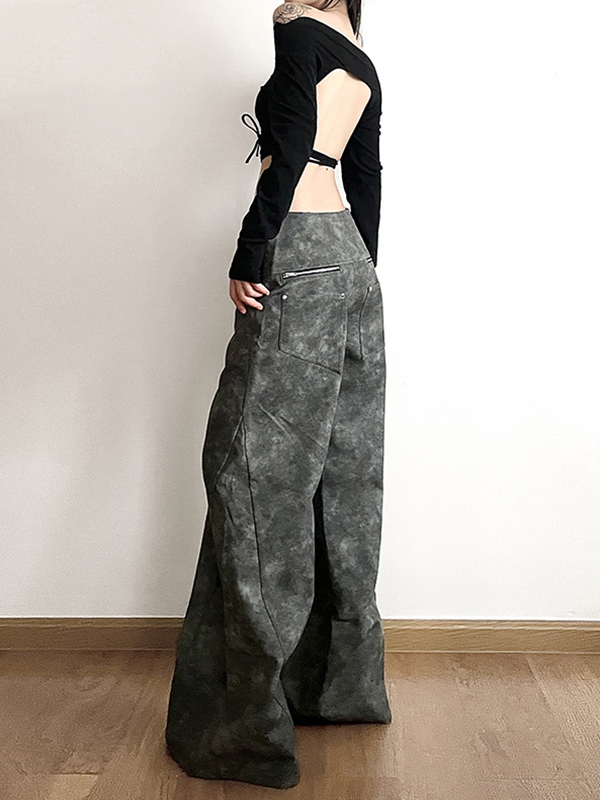 High-Waisted Split-Joint Zipper Loose Wide Leg Trousers Pants