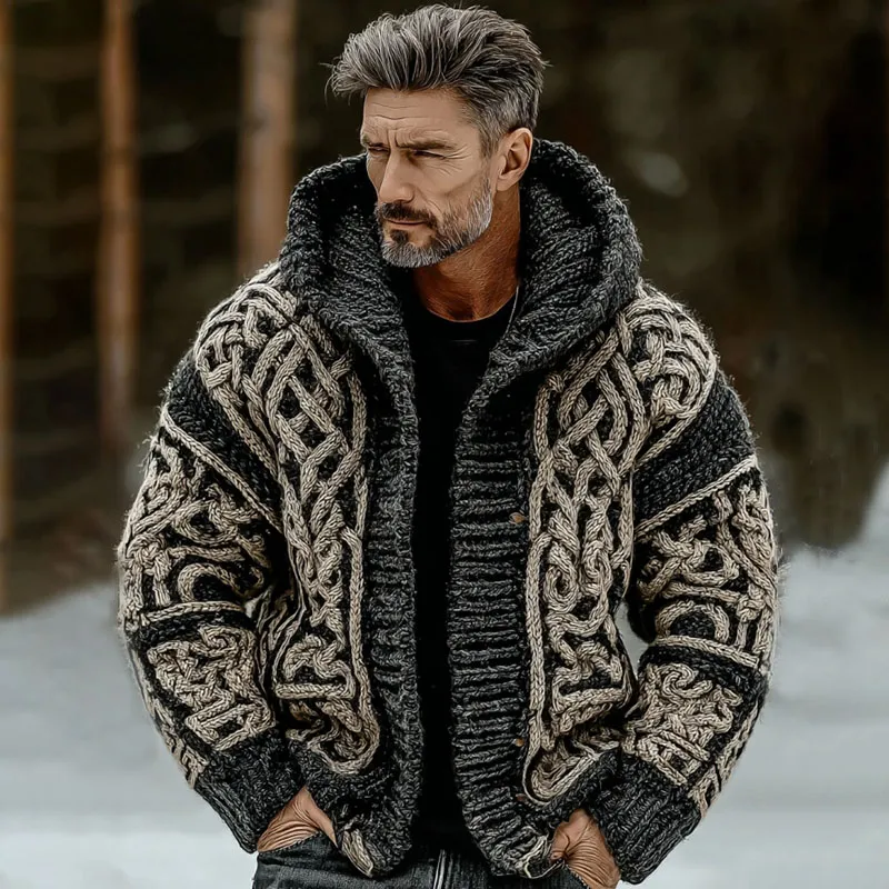 Men's Vintage Viking Celtic Knot Art Zip-up Chunky Knit Hooded Cardigan